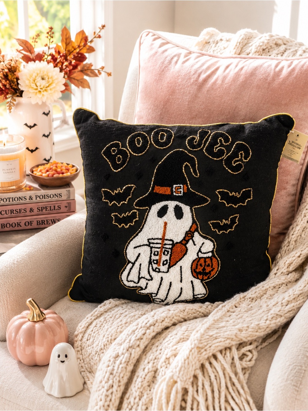 Spooky Hollow 18” Halloween Ghost Witch “BOO JEE” Latte Sassy Pillow